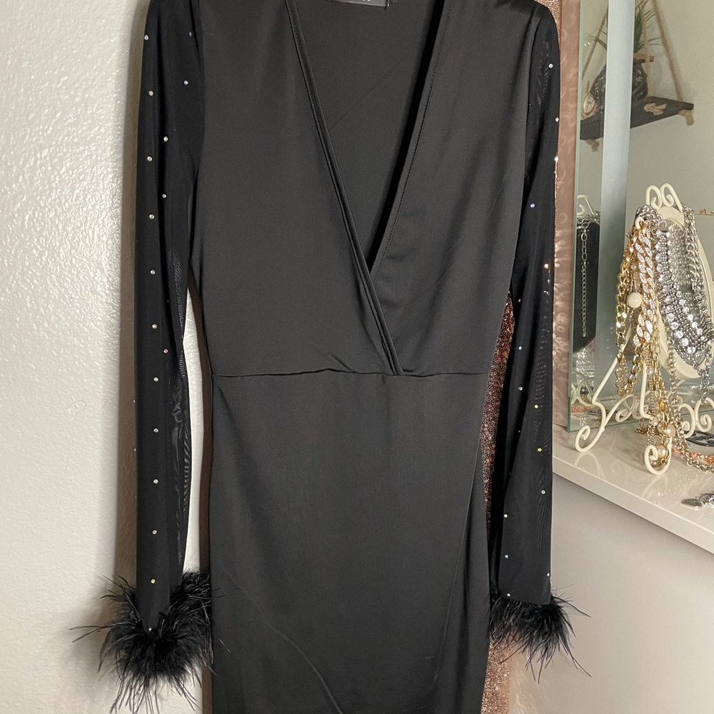 Deep V, rhinestone, feather BLACK dress